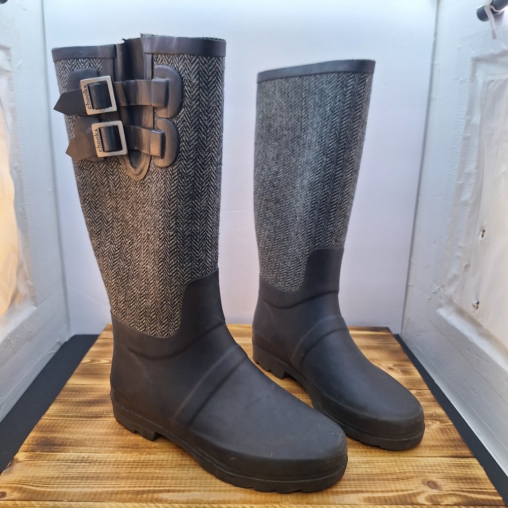 Chooka SIGNATURE BOOTS US‎ 6 WOMEN BLACK & PLAID Waterproof RUBBER